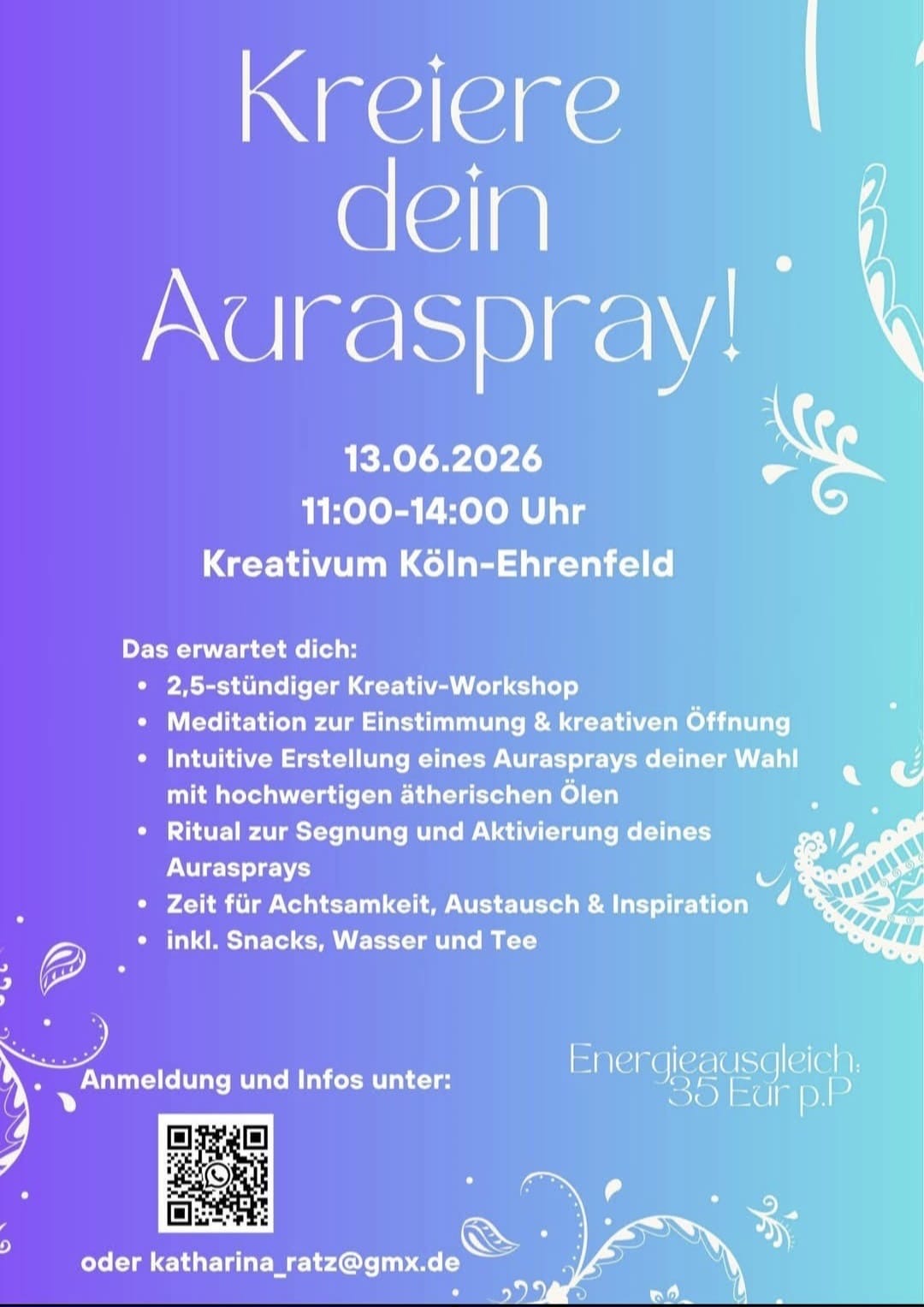 Flyer in lila türkis und Information über Auraspay